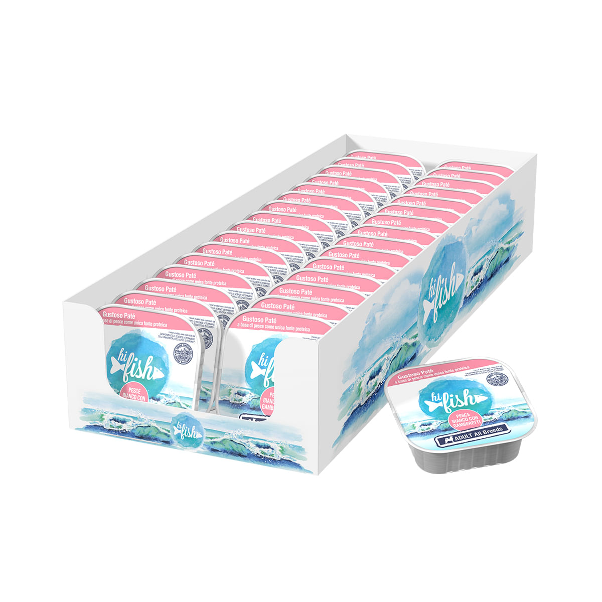 Hi Fish Dog Vaschetta Multipack 32x100G PESCE BIANCO CON GAMBERETTI