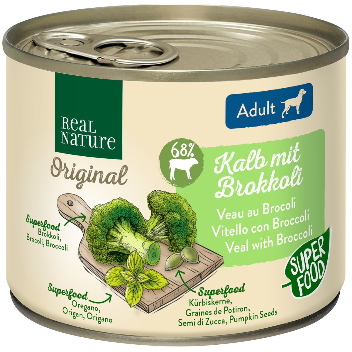 Real Nature Dog Lattina Multipack 6x200G VITELLO CON BROCCOLI