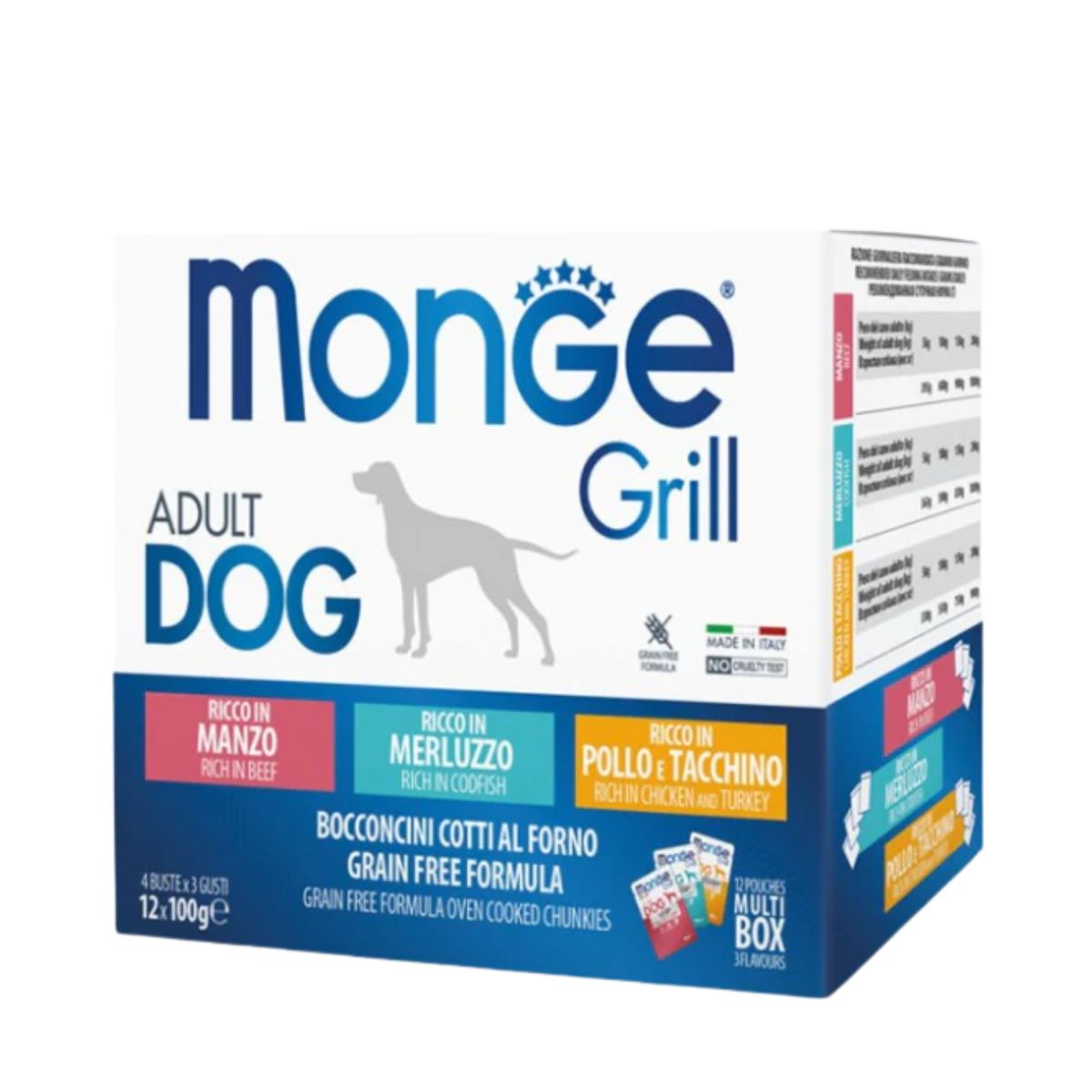Monge Grill Dog Busta Multipack 12x100G MANZO MERLUZZO POLLO E TACCHINO